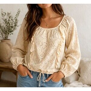 Joie Top Womens Small Eyelet Blouse Boho Peasant Cotton Cream Cottagecore